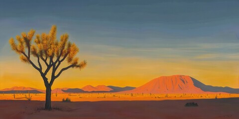 Golden hour desert landscape with joshua tree southwestern usa digital art serene environment panoramic view