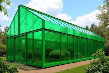 Fototapeta premium Vibrant Green Conservatory Structure in a Garden Setting