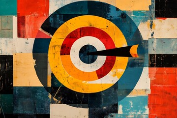 A dart arrow hitting a bullseye on a target with concentric circles of red, white, and blue colors on a textured, grungy background