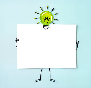 Personnage de dessin tenant un panneau blanc vide	