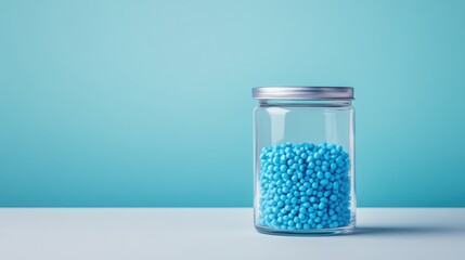Bright Blue Decorative Beads in Clear Glass Jar on Smooth Light Surface Against Soft Blue Background