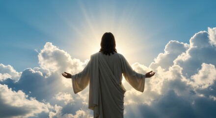 Ascension of Christ: Returning to the Father, Jesus Christ is standing on the clouds with open his arms and above sky, back view
