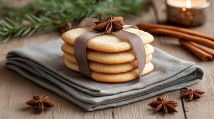 Fototapeta premium Stack of Sweet Cinnamon Cookies Tied with Ribbon