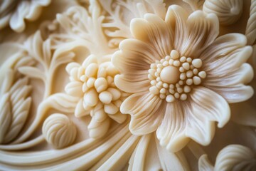 Intricate floral carving in creamy beige.