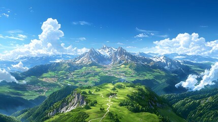 Naklejka premium Aerial View of a Picturesque Village Nestled Among Lush Green Hills and Snow-Capped Mountains Under a Bright Sunny Sky