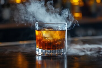 A close-up of a smoky whiskey glass with ice cubes, capturing a warm, inviting atmosphere