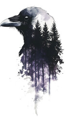Fototapeta premium A double exposure of the silhouette of a crow filled with a forest 