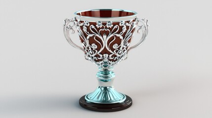 Ornate silver trophy cup on plain background