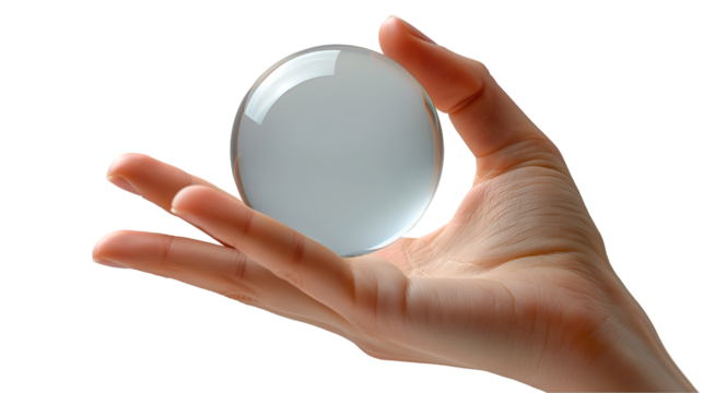 Hand Holding Glass Sphere Crystal Ball with Clean, Shiny Design for Light Themes, isolated on transparent background.