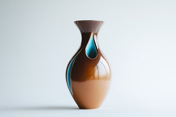 Sleek modern ceramic vase with brown and blue accents, elegantly poised on a white background, captured in HD detail.