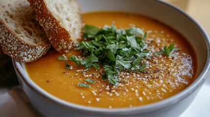 Close Up Of A Bowl Of Vegetable Soup Garnished With Fresh Herbs And Whole Grain Bread Served On A Table