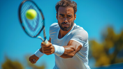 Focused tennis player in action, preparing to strike the ball during a game.