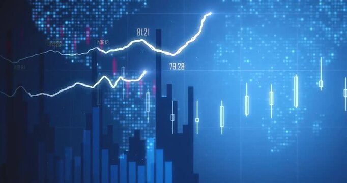 Stock market. Financial indexes. Visualizing Trends. Market Momentum. Concept of trading cryptocurrency assets & bitcoin. Candlestick Stock Market Visualization. Data prices. Financial background.