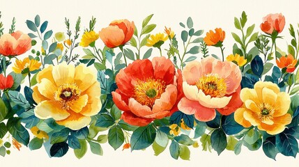 Floral border with various yellow and red flowers and green leaves on a neutral background