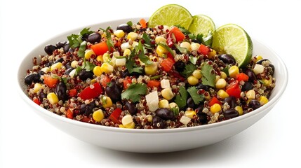 Quinoa salad with black beans corn diced peppers and cilantro garnished with lime wedges