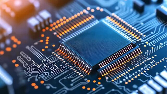 A close-up of a computer circuit board featuring a microprocessor and electrical connections.