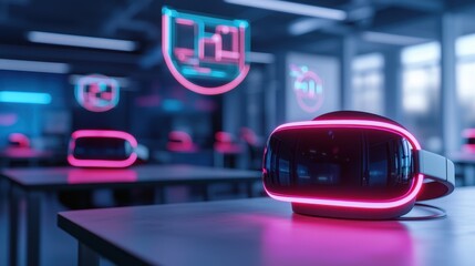 Obraz premium A modern classroom equipped with VR headsets and glowing neon graphics, showcasing advanced technology for immersive learning experiences.