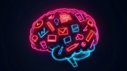 Obraz premium A vibrant, neon brain illustration filled with various icons representing ideas, creativity, and information flow.