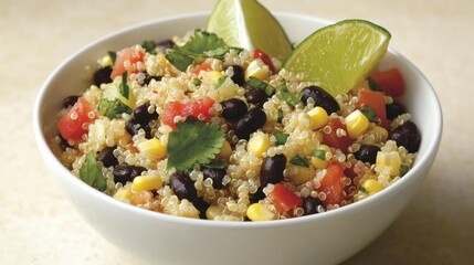 Quinoa salad with black beans, corn, diced peppers and cilantro with lime wedges in white bowl and isolated on white background