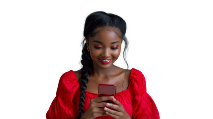 Black Woman in Red Dress Smiling and Using Smartphone with Joyful Style, isolated on transparent background.