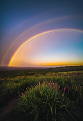 Obraz premium Double Rainbow over Grassland at Sunset