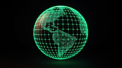 A glowing green globe representation with a grid pattern, symbolizing technology and global connectivity.