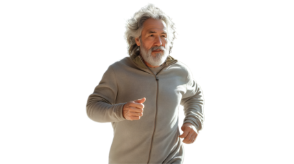 Senior Man Jogging Active Lifestyle with Grey Hair and Urban Jacket, isolated on transparent background.