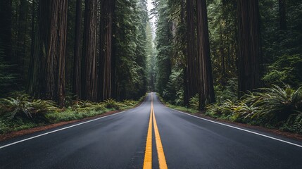 Obraz premium Redwood Forest Road Scenic Drive Through Tall Trees