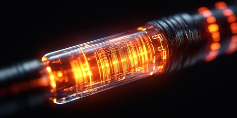 Data cable coating solutions. Close-up of a glowing, futuristic tube with intricate details and vibrant orange light.