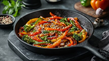 Vibrant Vegetable Stir-Fry in a Cast-Iron Skillet, Colorful Bell Peppers, Broccoli, and Carrots