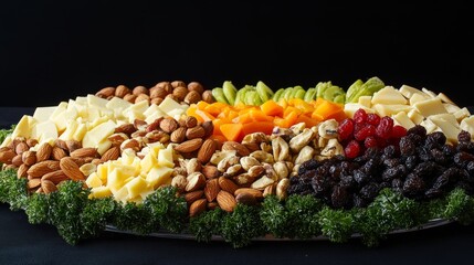 Artistic composition of vegan cheeses nuts and dried fruits set on a dark background food photography