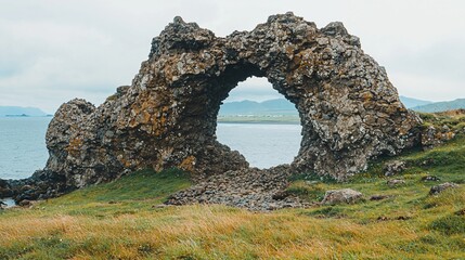 Icelandic coastal rock arch, ocean view, travel