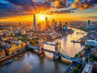 Fototapeta premium London Aerial Sunrise: Cityscape Panorama at Dawn, Stunning Golden Hour Light