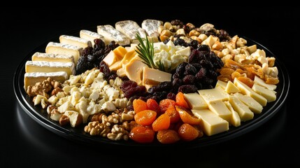 Assorted vegan cheeses served on a platter of assorted dried fruits nuts and food. It'is an epic of the food photography