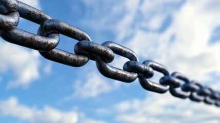 Detailed shot of a weathered metal chain against a cloudy blue sky