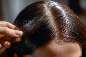 Fototapeta premium A close-up of a woman parting her shiny, thick hair to apply a serum or oil to her scalp
