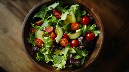 Overhead shot of mixed greens salad with mixed greens and tomatoes on a wooden bowl background with some avocado pieces