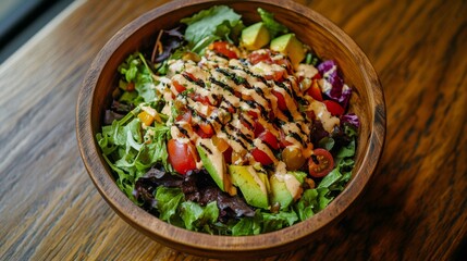 Overhead Shot Of A Healthy Salad With Mixed Greens And Cherry Tomatoes Served In A Wooden Bowl with Background