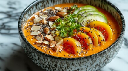 Colorful Smoothie Bowl Toppings with sliced fruits nuts and seeds on a marble countertop