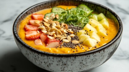 Close Up Of A Smoothie Bowl With Sliced Fruits, Nuts And Seeds Placed On A Marble Countertop. The bowl is orange with colorfully sliced ingredients
