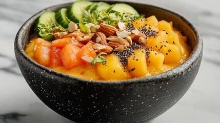 Colorful Smoothie Bowl, CloseUp Image of Healthy and Tropical Concept Food Photography Smoothie Bowl, Colorful Mangoes Bowl, Colorful and healthy, Tropical background, smoothie bowl and fruit