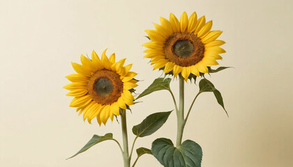 Obraz premium Bunch of sunflowers tilted towards each other in a corner of a cream pastel background