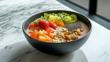 Colorful Smoothie Bowl Close-Up Shot Topped With Fresh Fruits Nuts and Seeds on a Marble Countertop with Soft Studio Light