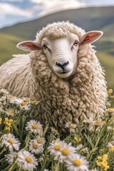 Fototapeta premium Sheep in flower grass field in Spring.