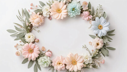 A pastel floral wreath with soft petals, leaving the center of a white background free for text placement.