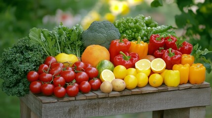 Fresh and Vegetables fruits arrangement on wooden table, showcasing a variety of colors and textures. Includes items like red fruits like tomatoes with tomatoes- shapes and background in a rustic