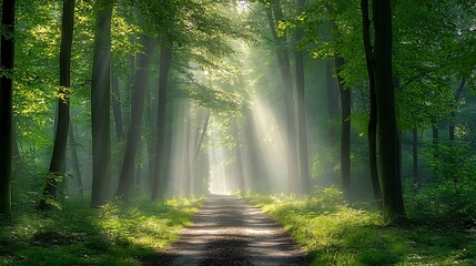 Obraz premium Sunbeams Illuminate Forest Path Morning Mist