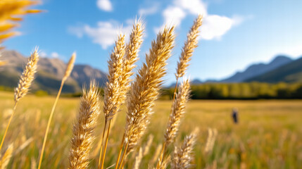 Fototapeta premium Golden Wheat Field Against Blue Sky and Mountains in Countryside Landscape