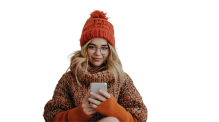 Beautiful Woman in Knit Sweater Winter Fashion, Warm Brown Beige Style with Phone, isolated on transparent background.