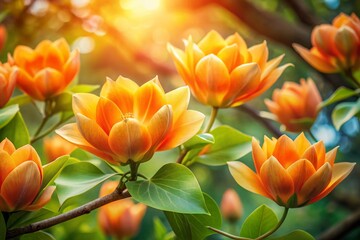 Long Exposure Blooming Orange Tuliptree Flowers in Garden